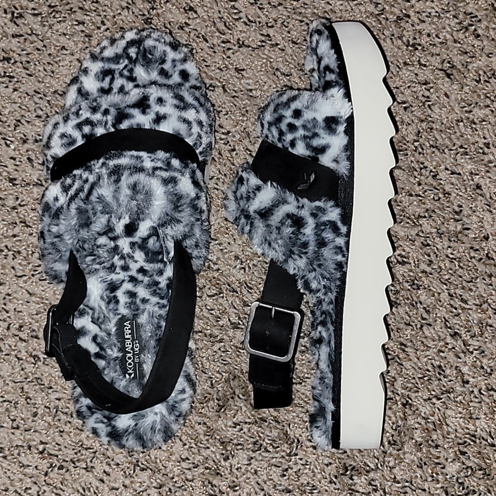 Koolaburra By Ugg Black and White Cheetah Furry Sandals Nwot Size 8